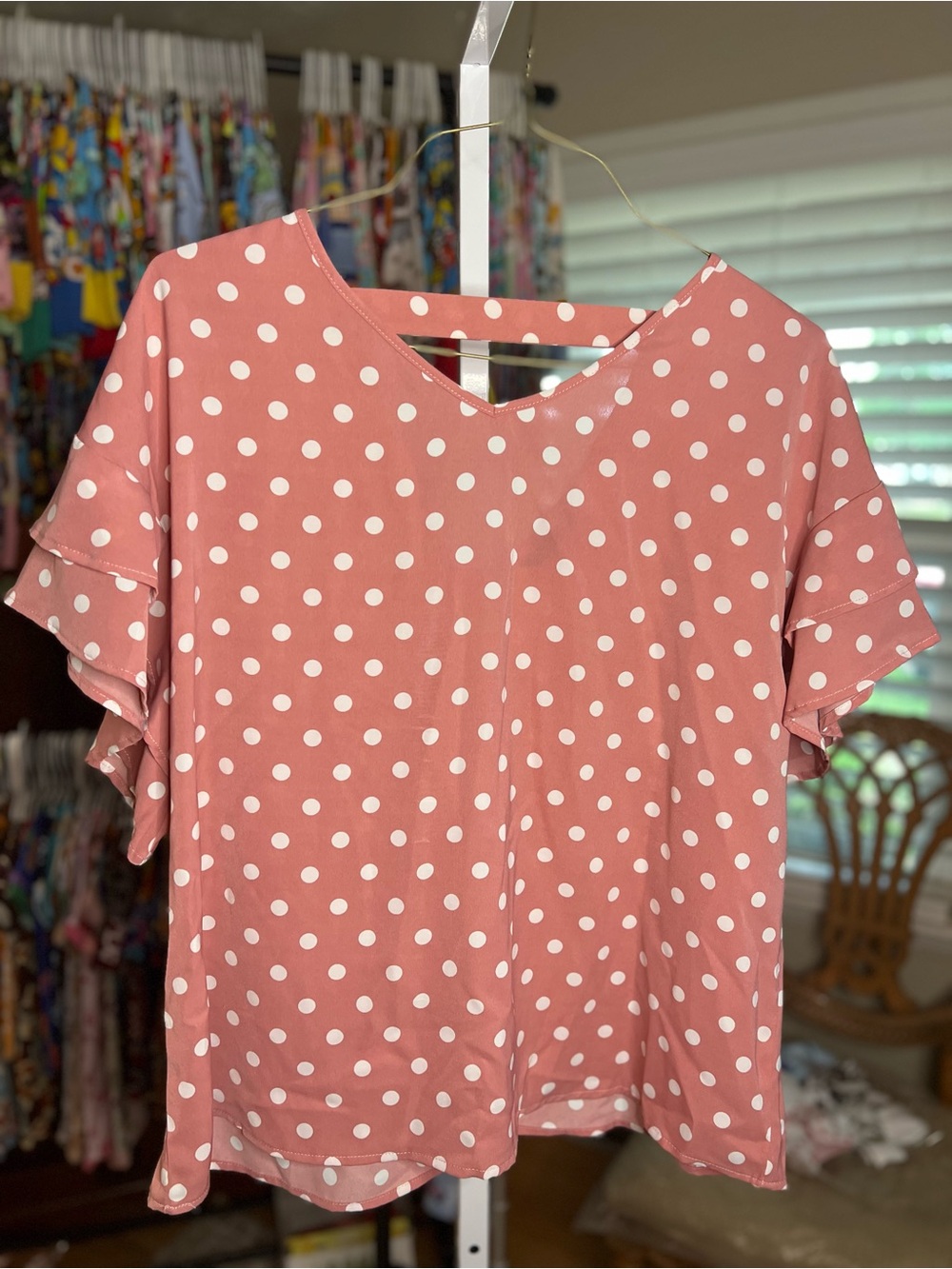 SHEIN Pink Polka Dot Ruffle Sleeve Blouse